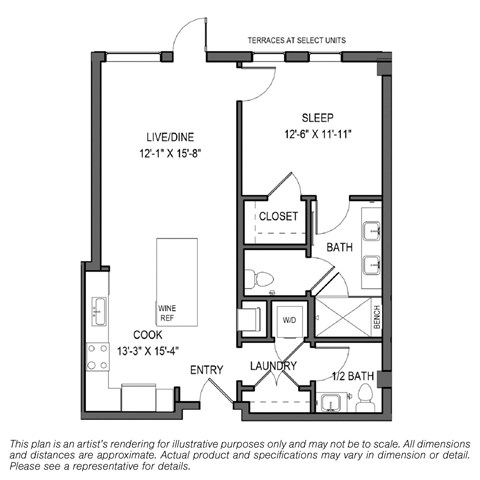 Floor plan for 1 bed, 1.5 baths, 832 sqft